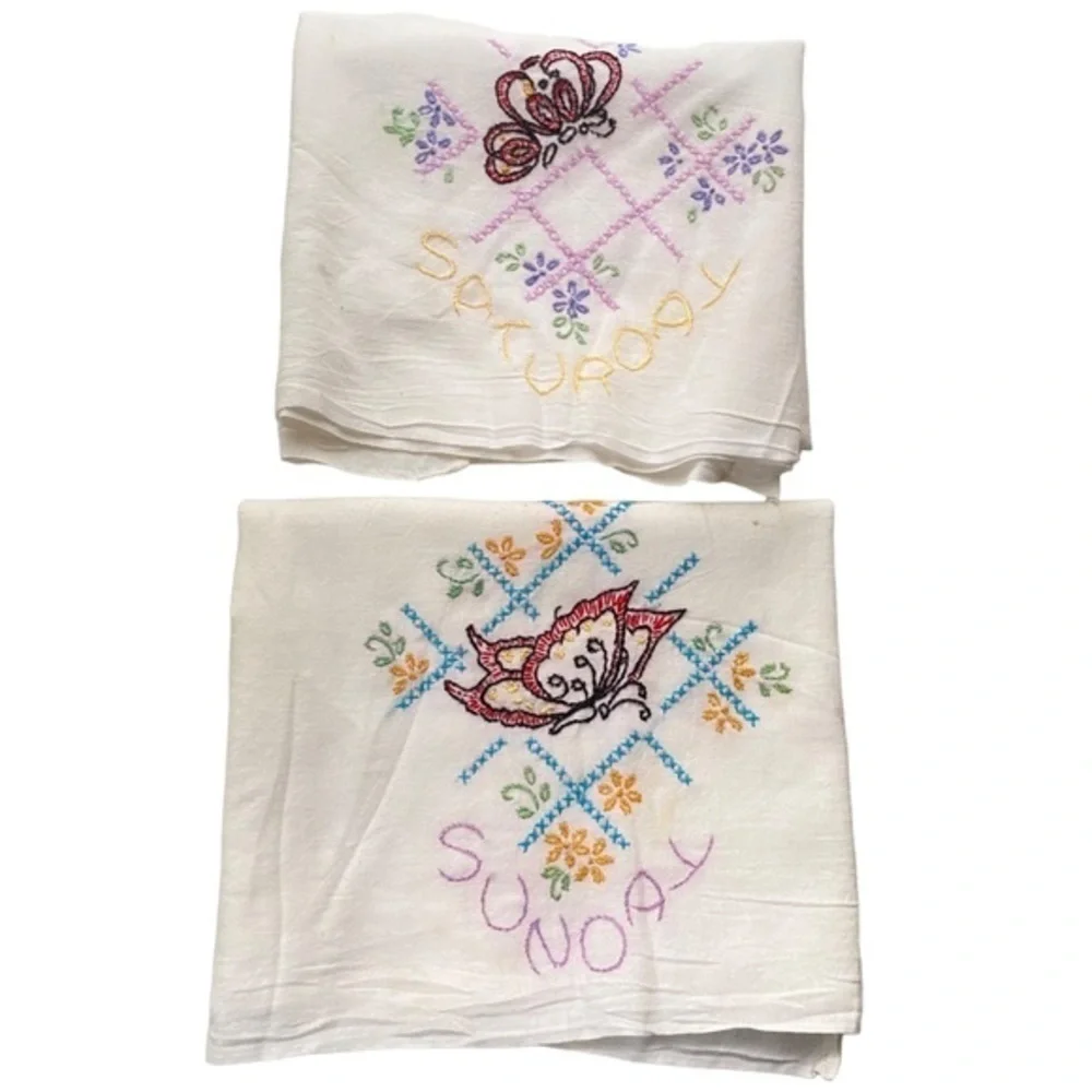 Vintage Flour Sack Embroidered Weekend Days Kitchen Towels Fri Sat Sun Butterfly